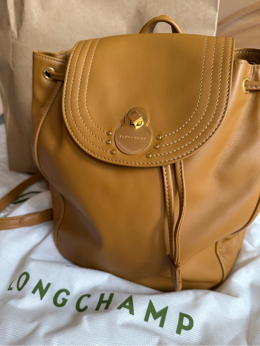Longchamp Caramel Brown Leather Drawstring Backpack